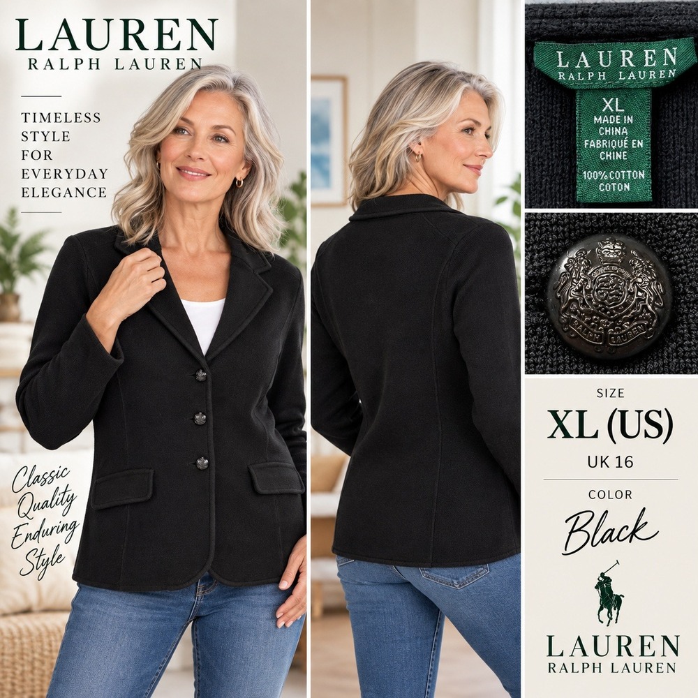 Lauren Ralph Lauren Womens XL Black 100% Cotton Knit Blazer Jacket #1900